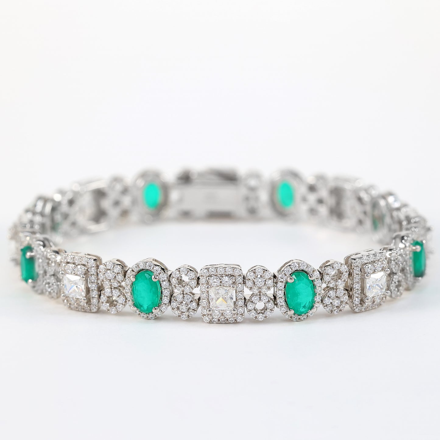 Micro-setting oval shape emerald color fully studded  fancy bracelet, sterling silver