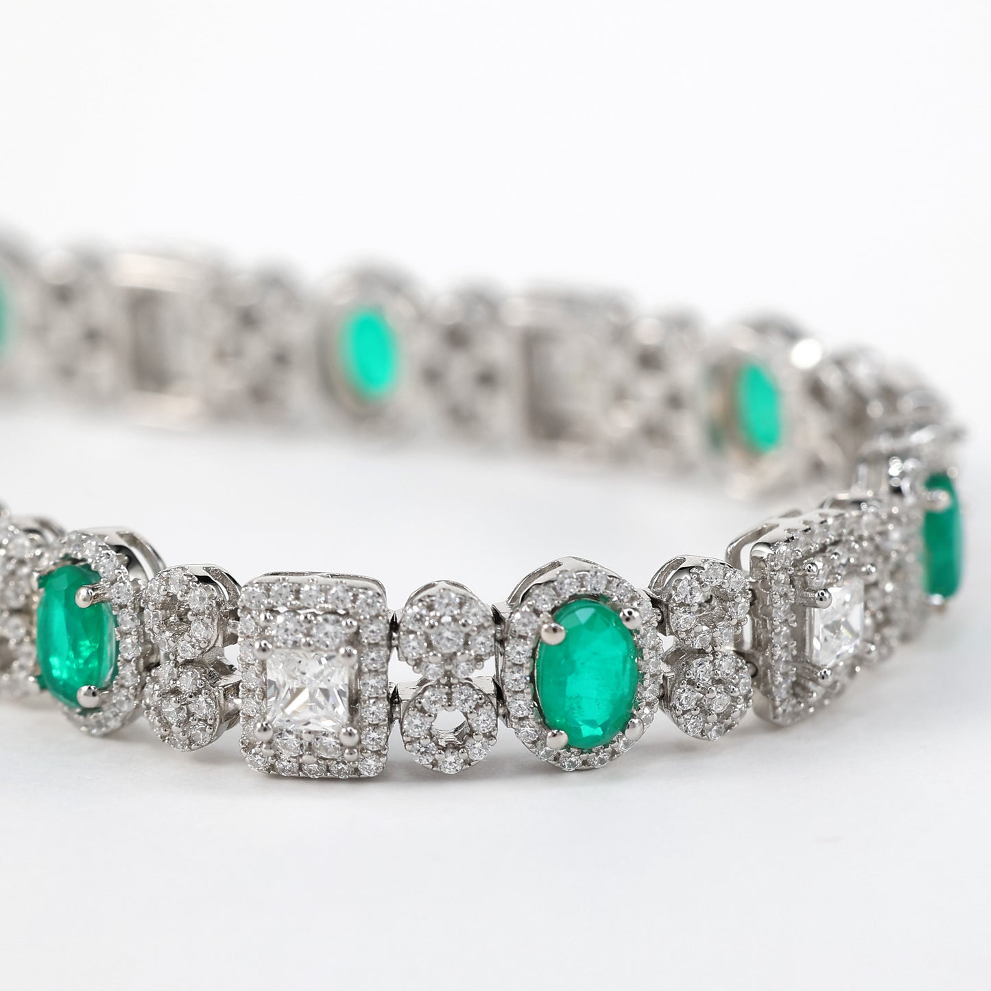 Micro-setting oval shape emerald color fully studded  fancy bracelet, sterling silver