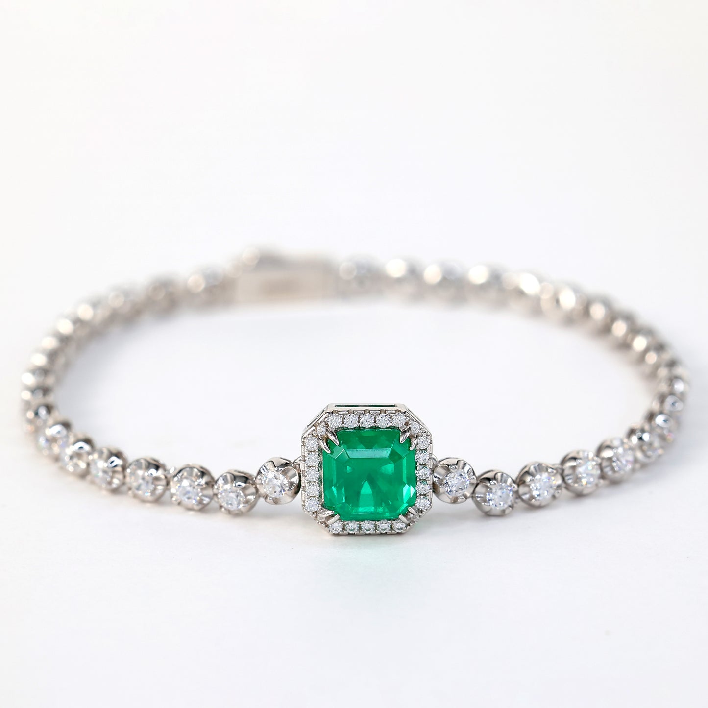 Promotional design：Emerald color Lab created stones Square tennis chain bracelet, sterling silver