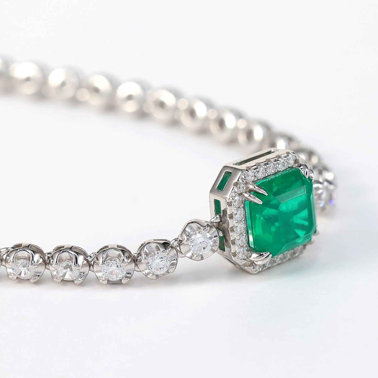 Promotional design：Emerald color Lab created stones Square tennis chain bracelet, sterling silver