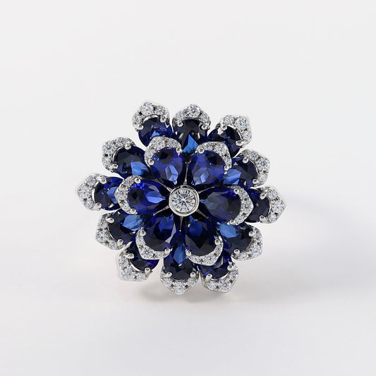 Micro-setting Preserved Flower Sapphire color Lab created stones ring, sterling silver