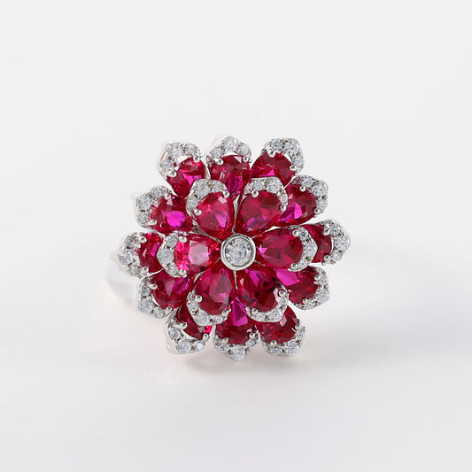 Micro-setting Preserved Flower Ruby color Lab created stones ring, sterling silver