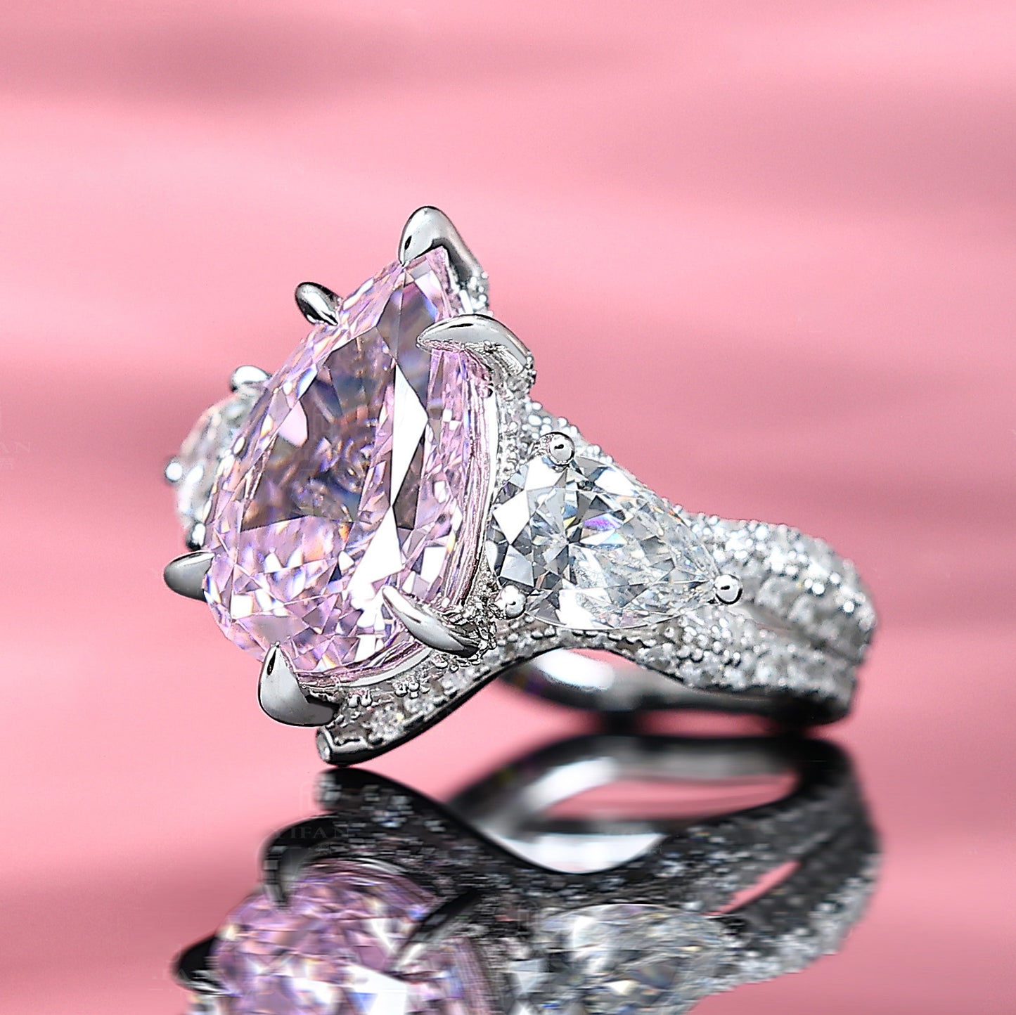 Micro-setting Pink diamond color Lab created stones tear shape Forever ring, sterling silver