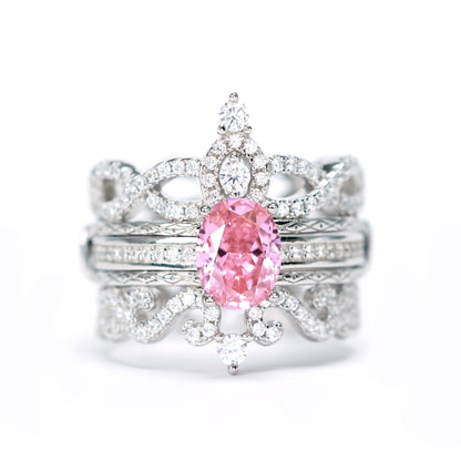 Dreiteiliges Kronenring-Set mit Mikro-Fassung für Sonnenuntergänge und -aufgänge, Farbe Lab erstellte Steine, Sterlingsilber