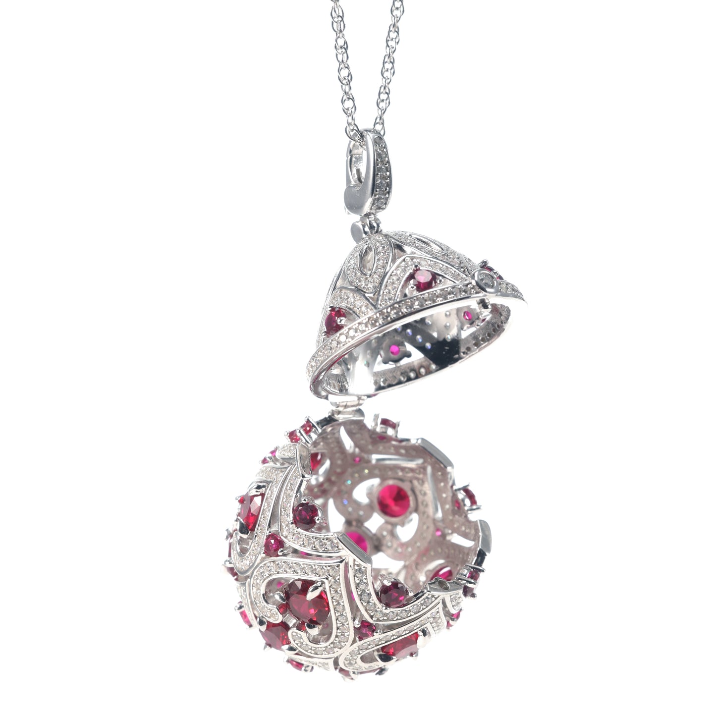 Micro-setting Ruby color Lab created stones Luxury egg pendant, sterling silver