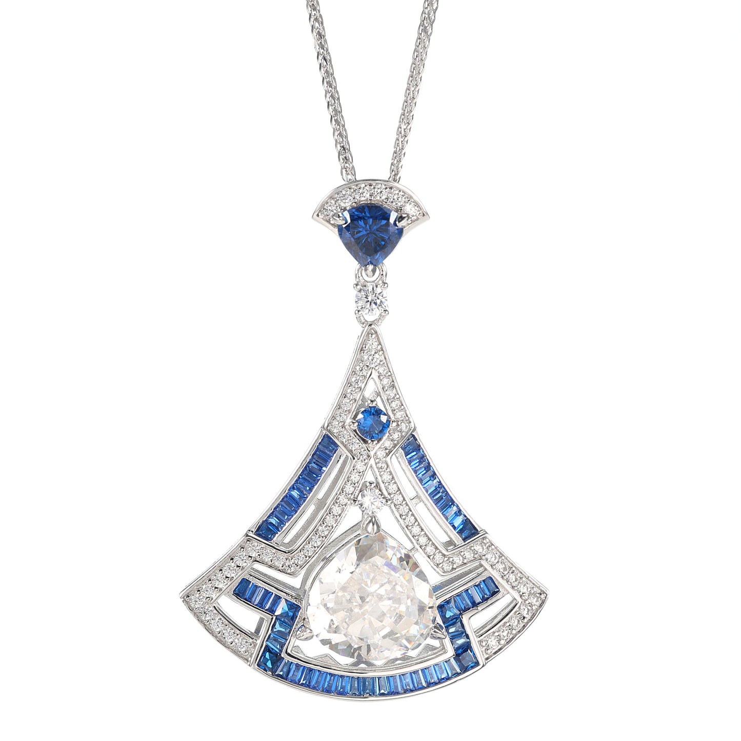 Special offer Micro-setting Sapphire color lab created stones detailed Fan pendant, sterling silver