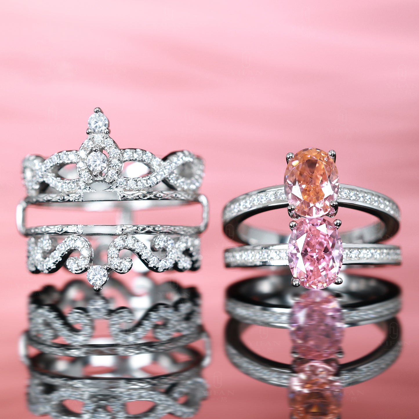 Dreiteiliges Kronenring-Set mit Mikro-Fassung für Sonnenuntergänge und -aufgänge, Farbe Lab erstellte Steine, Sterlingsilber