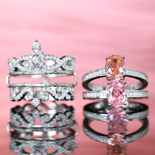 Micro-setting sunset and sunrise color Lab created stones three-piece set Crown ring, sterling silver