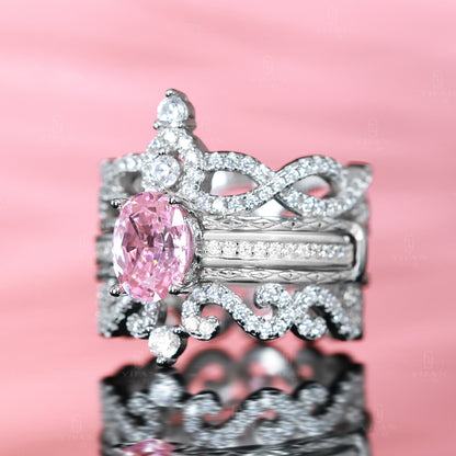 Dreiteiliges Kronenring-Set mit Mikro-Fassung für Sonnenuntergänge und -aufgänge, Farbe Lab erstellte Steine, Sterlingsilber