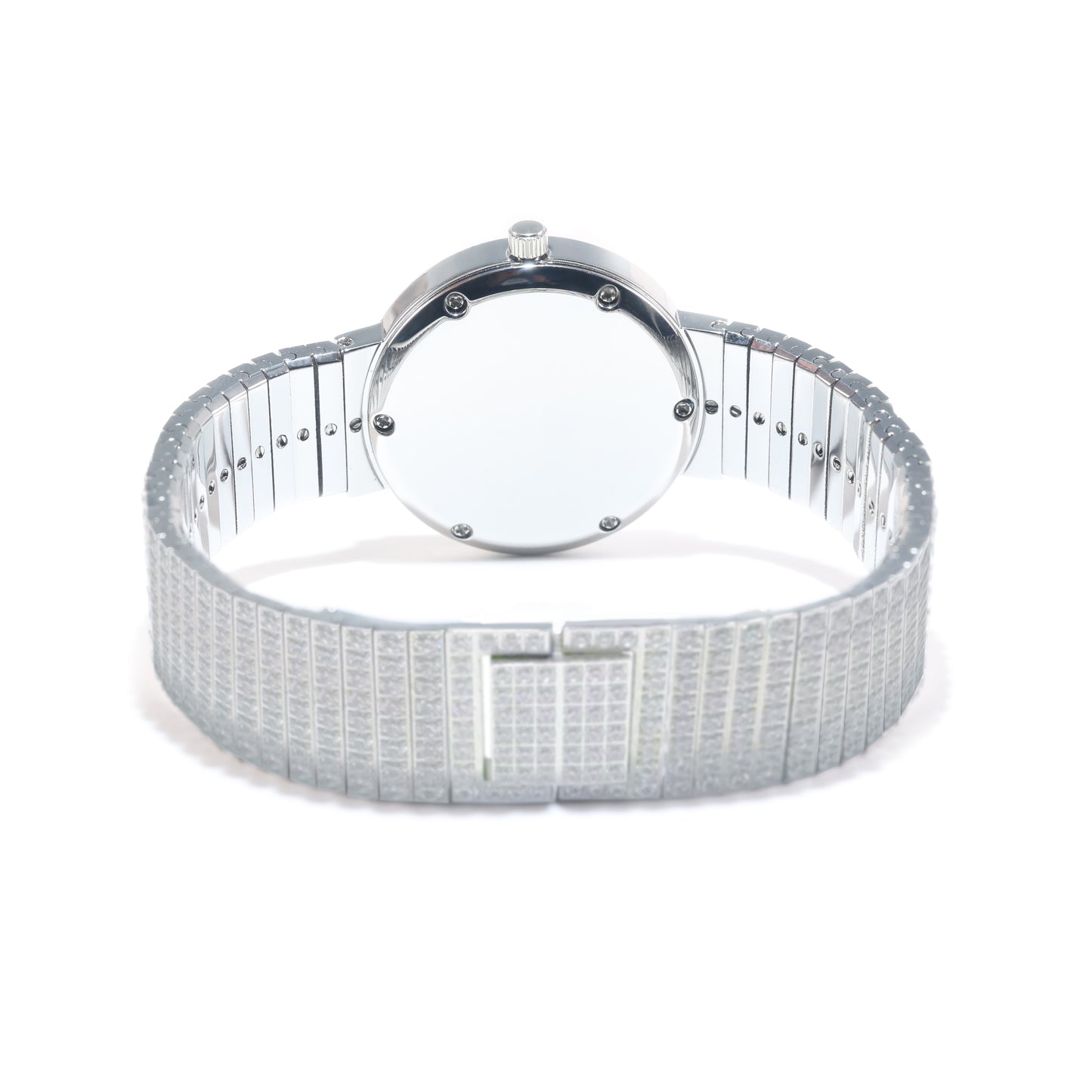 Micro-setting Clear diamond color Lab created stones Luxury watch bracelet, sterling silver & steel