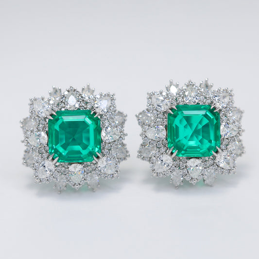 Micro-setting emerald color Lab created stones fancy square shape fully studded earrings, sterling silver