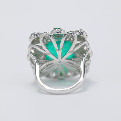 Micro-setting Emerald color square shape  Lab created stones peacock tail ring, sterling silver