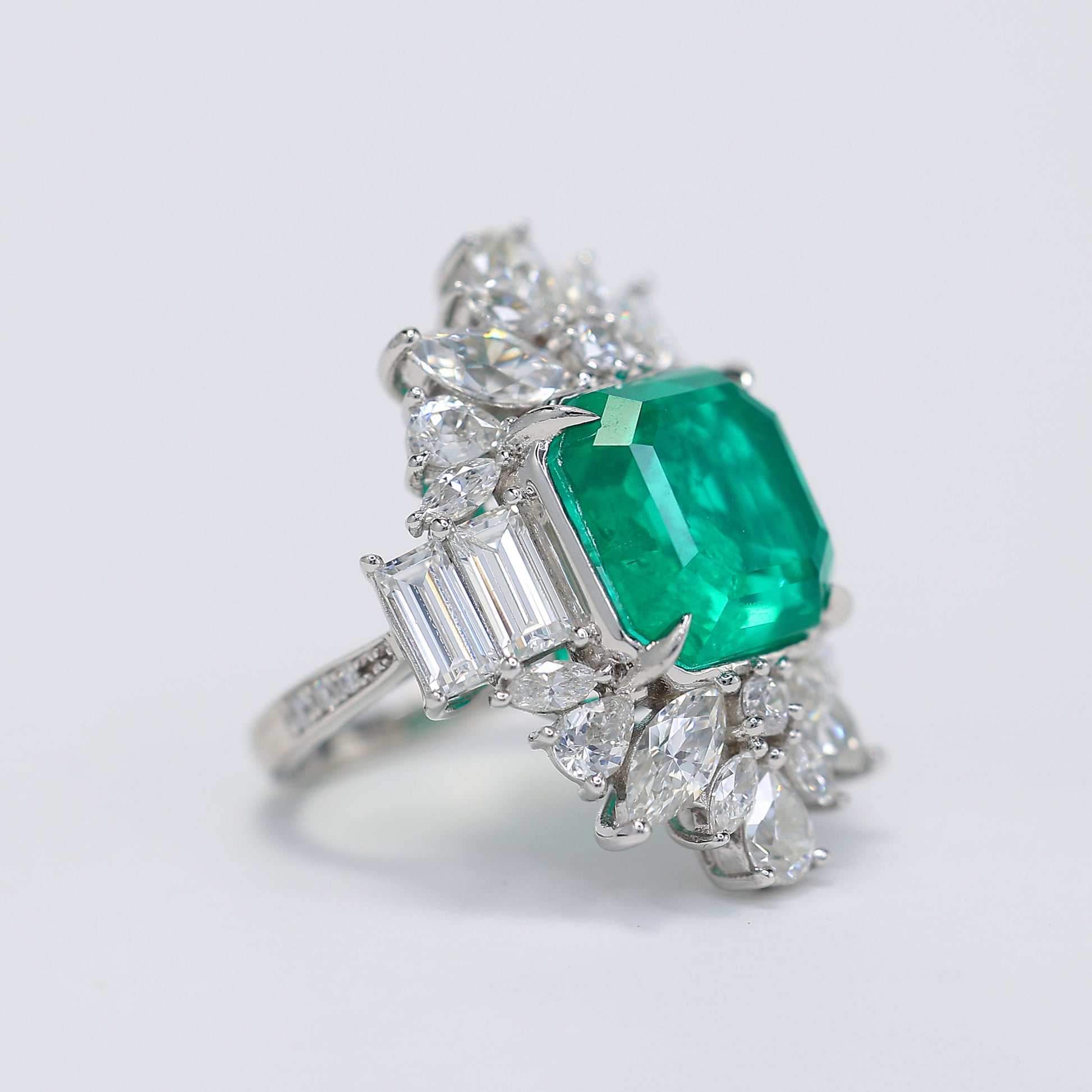 Micro-setting Emerald color Lab created stones reflection ring, sterli ...