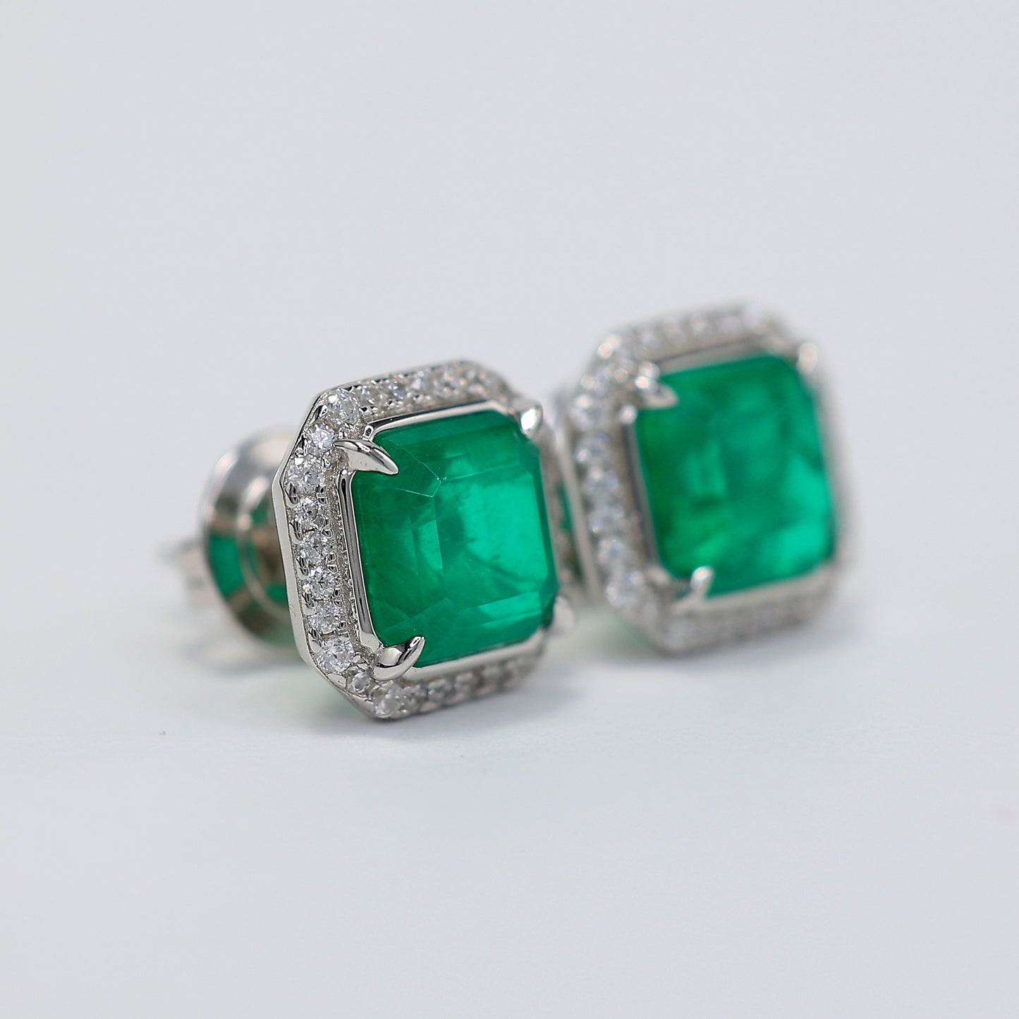 Micro-setting Emerald color Lab created stones 4 prong earrings, sterling silver