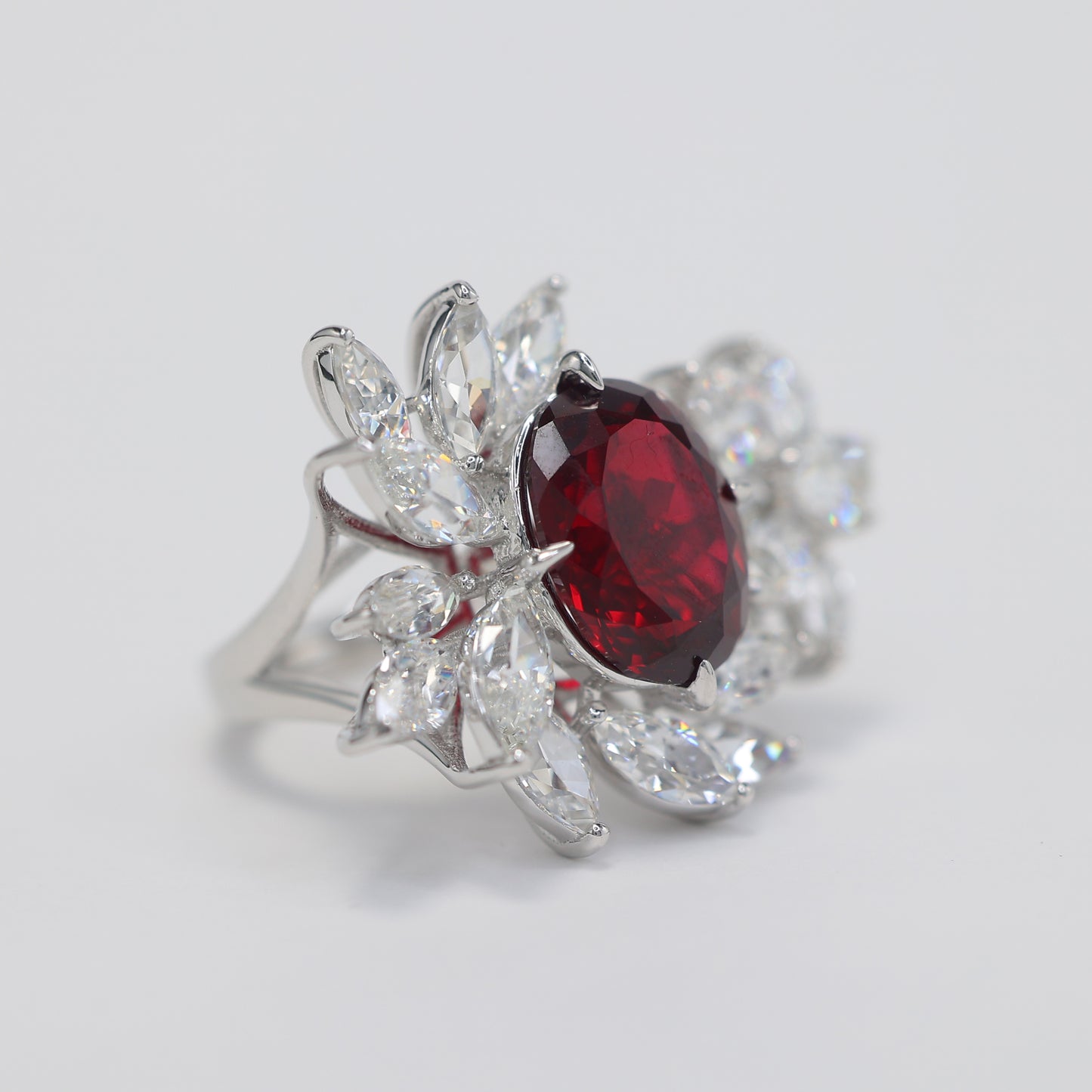 Micro-setting Ruby color Oval shape Lab created stones half flower ring, sterling silver