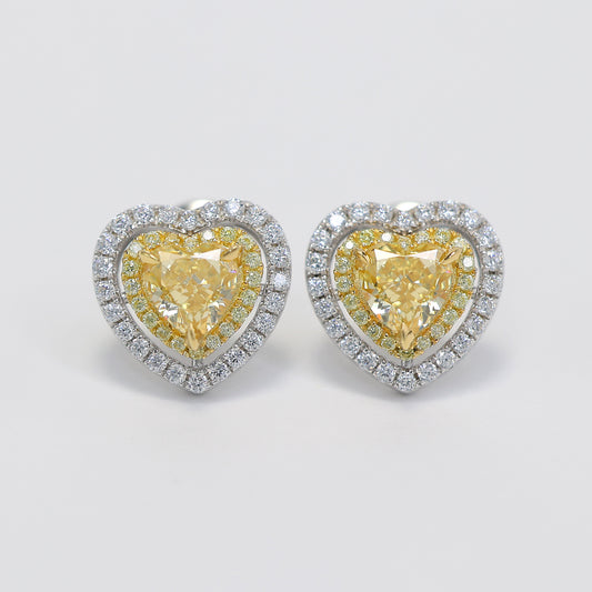 Micro-setting yellow diamond color Lab created stones fully studded heart ear studs