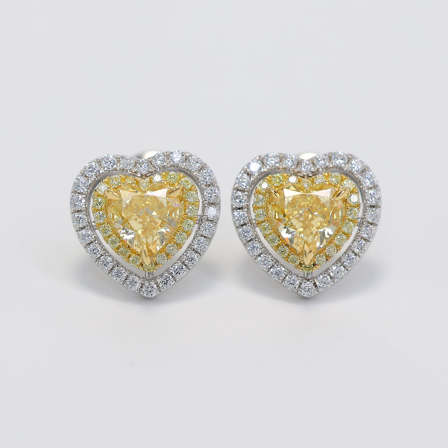 Micro-setting yellow diamond color Lab created stones fully studded heart ear studs