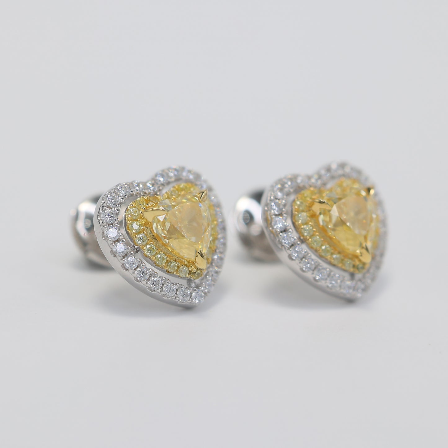 Micro-setting yellow diamond color Lab created stones fully studded heart ear studs