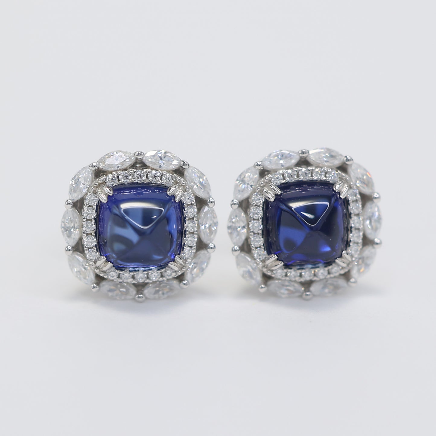 Micro-setting Sapphire color horse eye shape sugar tower earrings, sterling silver