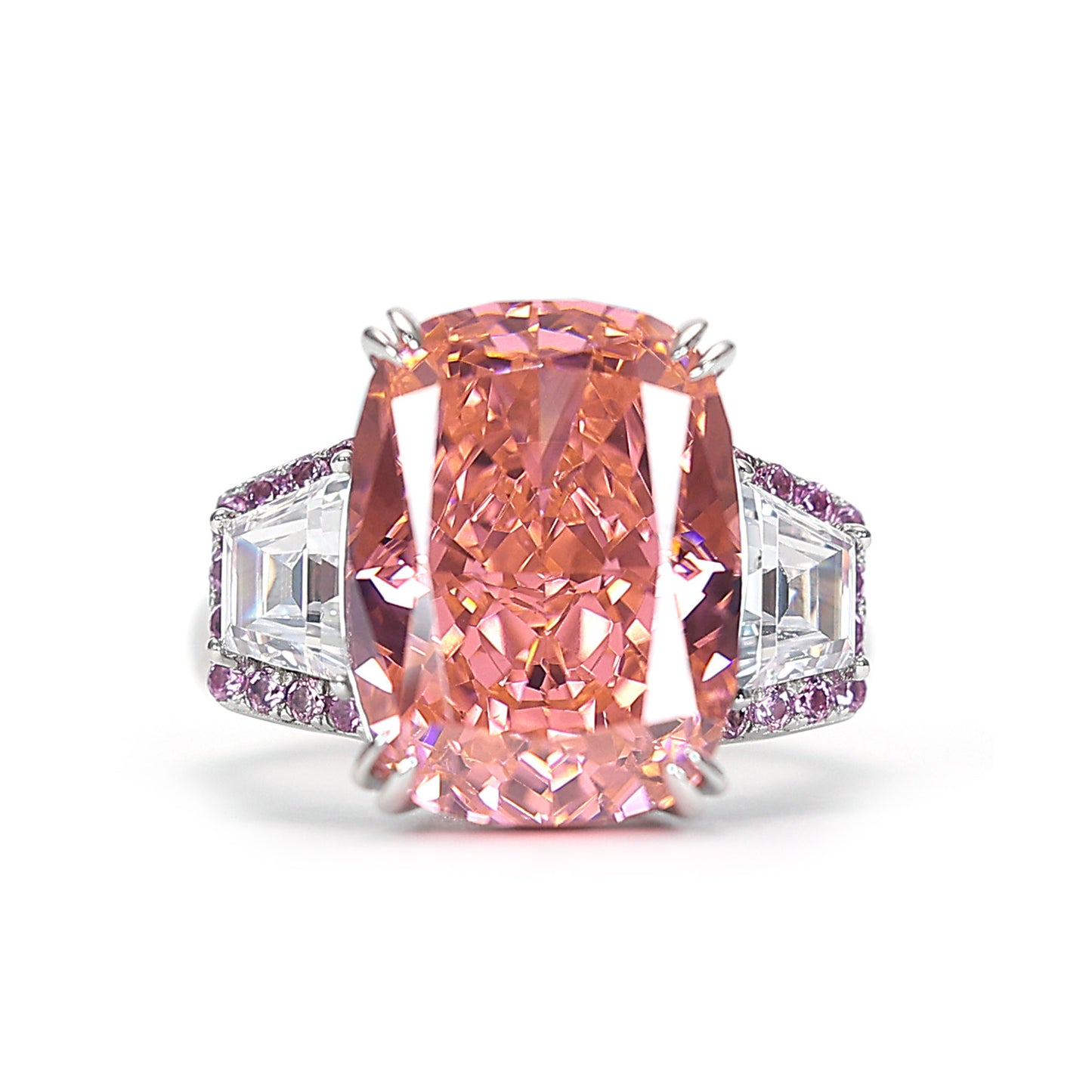 Micro-setting Pink morganite color Lab created stones baguette ring, sterling silver