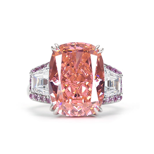 Micro-setting Pink morganite color Lab created stones baguette ring, sterling silver