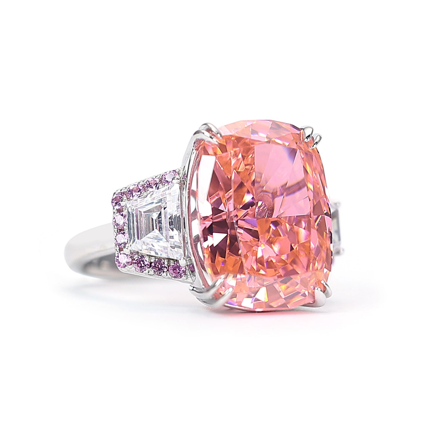 Micro-setting Pink morganite color Lab created stones baguette ring, sterling silver