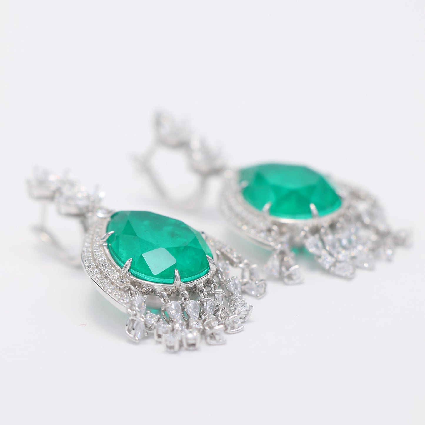 Micro-setting emerald color fancy waterdrop earrings, sterling silver