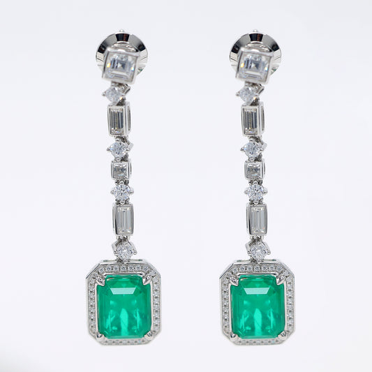 Micro-setting rectangular shape emerald color Lab created stones 4 prong earrings, sterling silver