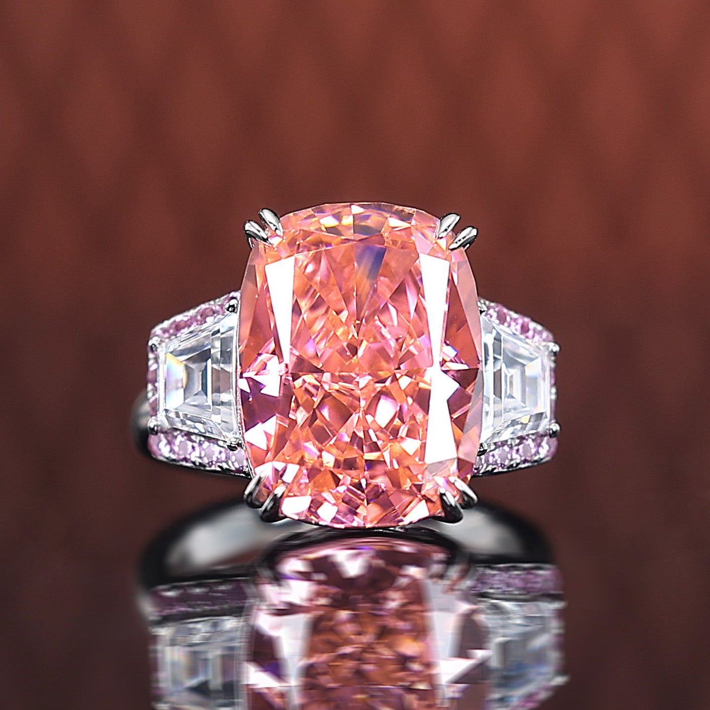 Micro-setting Pink morganite color Lab created stones baguette ring, sterling silver