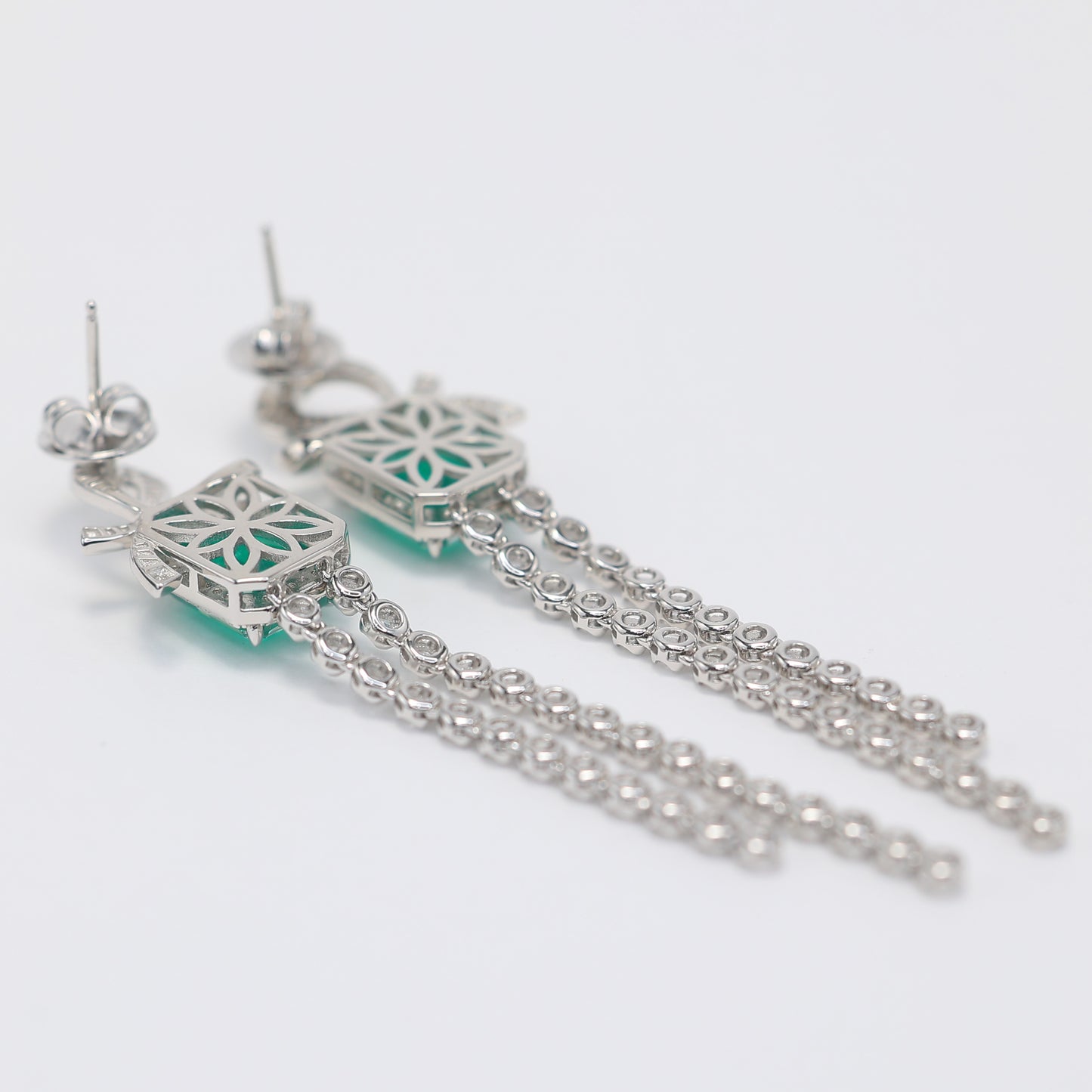 Micro-setting emerald color Lab created stones butterfly bubble chain earrings, sterling silver