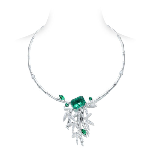 Micro-setting Emerald color Lab created stones and the artistic Bamboo necklace, sterling silver.