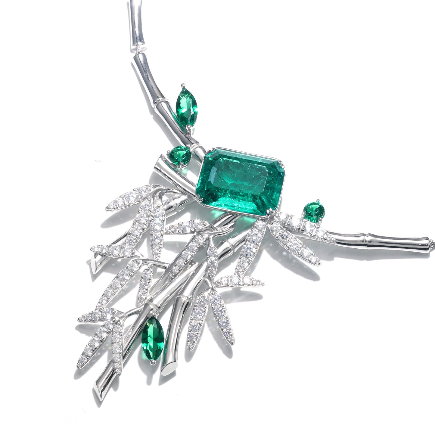 Micro-setting Emerald color Lab created stones and the artistic Bamboo necklace, sterling silver.