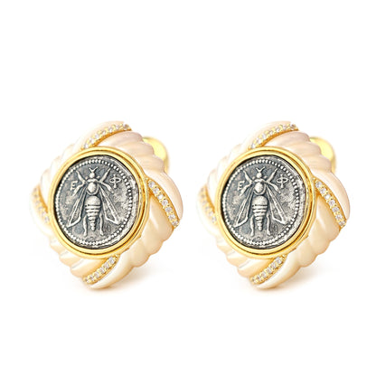 Micro-setting two-sided ancient coins Goddess of the Moon Bee earrings, sterling silver