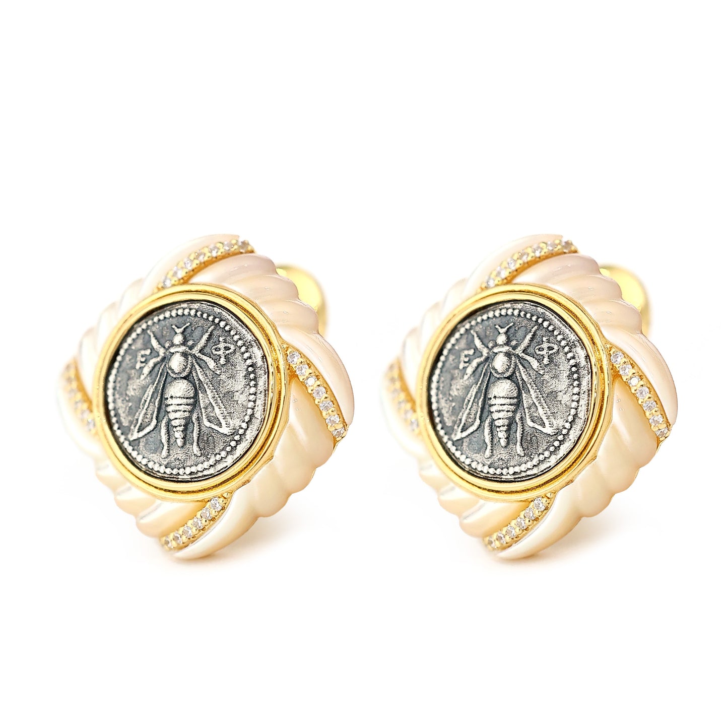 Micro-setting two-sided ancient coins Goddess of the Moon Bee earrings, sterling silver