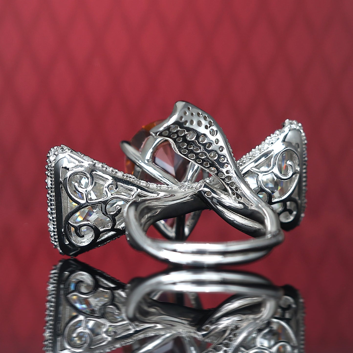 Micro-setting Legends of the sunset Lab created stones fancy bowknot ring, sterling silver