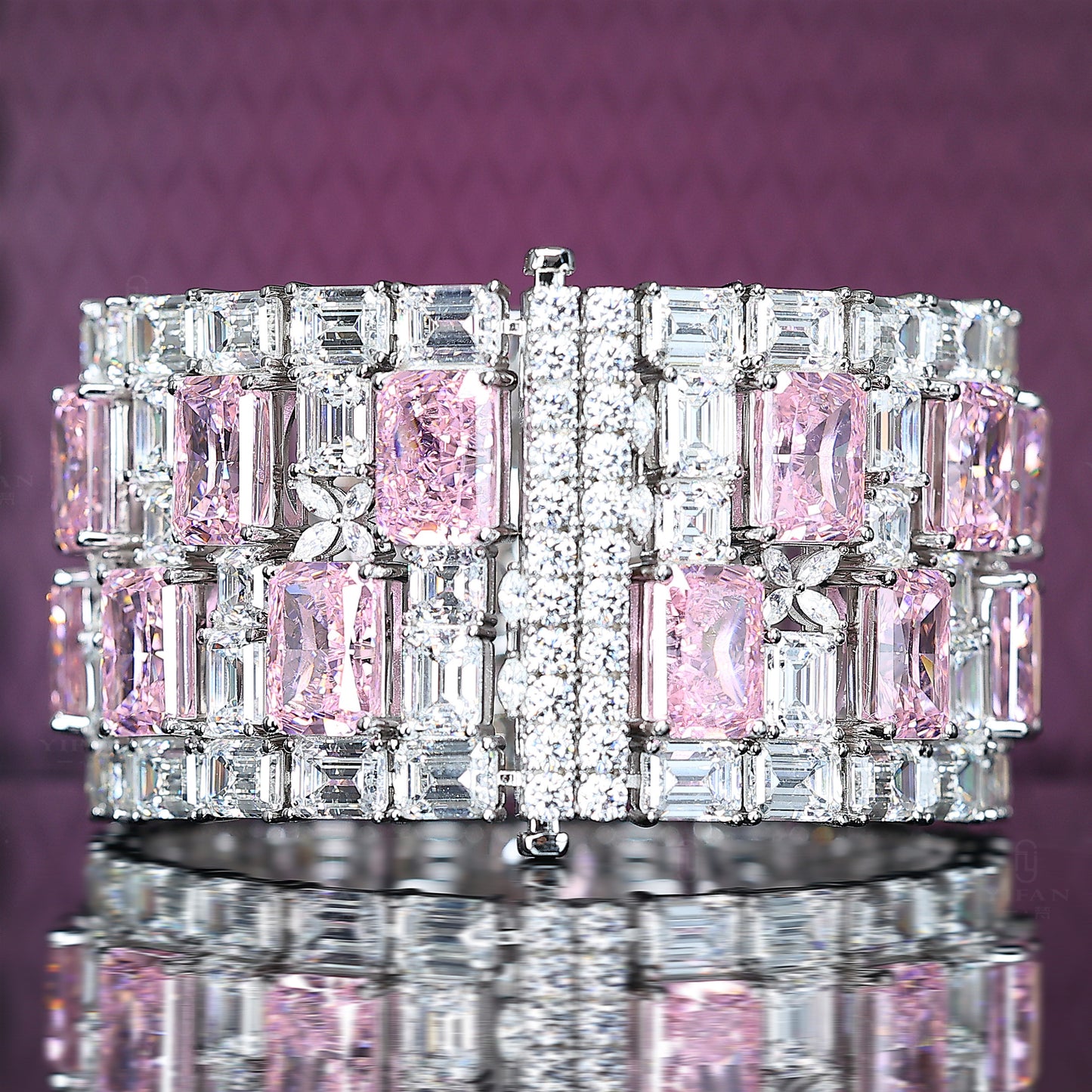 Micro-setting Pink diamond color Lab created stones fully studded The Snow Queen fancy bracelet, sterling silver