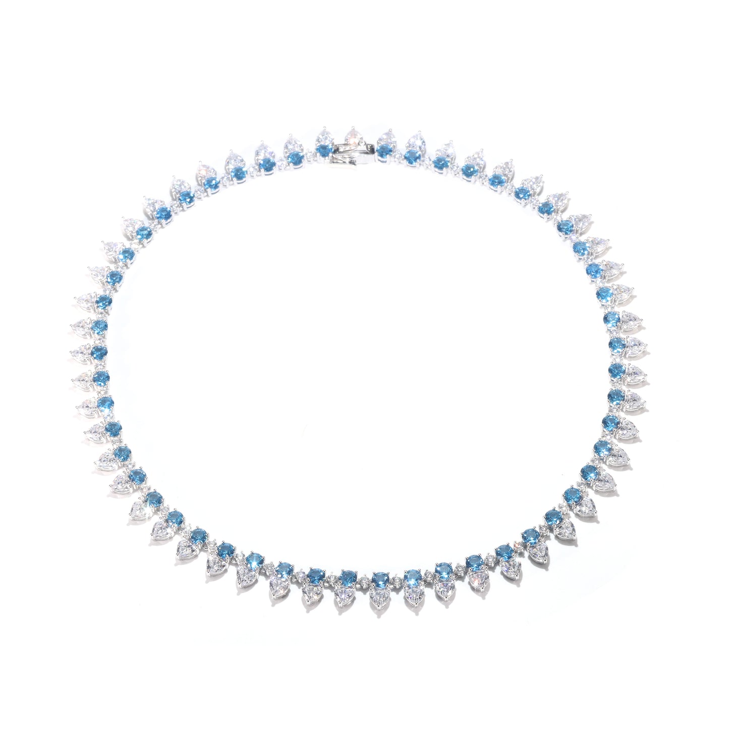 Micro-setting Aquamarine color Lab created stones Luxury Tennis Collar necklace, sterling silver