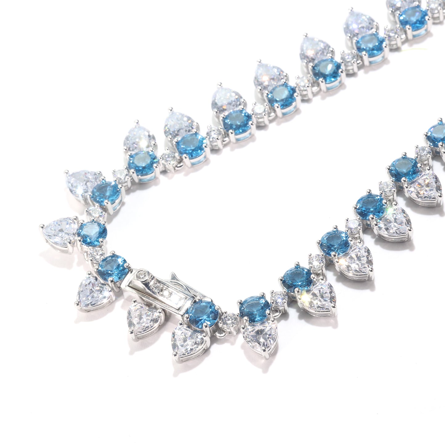 Micro-setting Aquamarine color Lab created stones Luxury Tennis Collar necklace, sterling silver