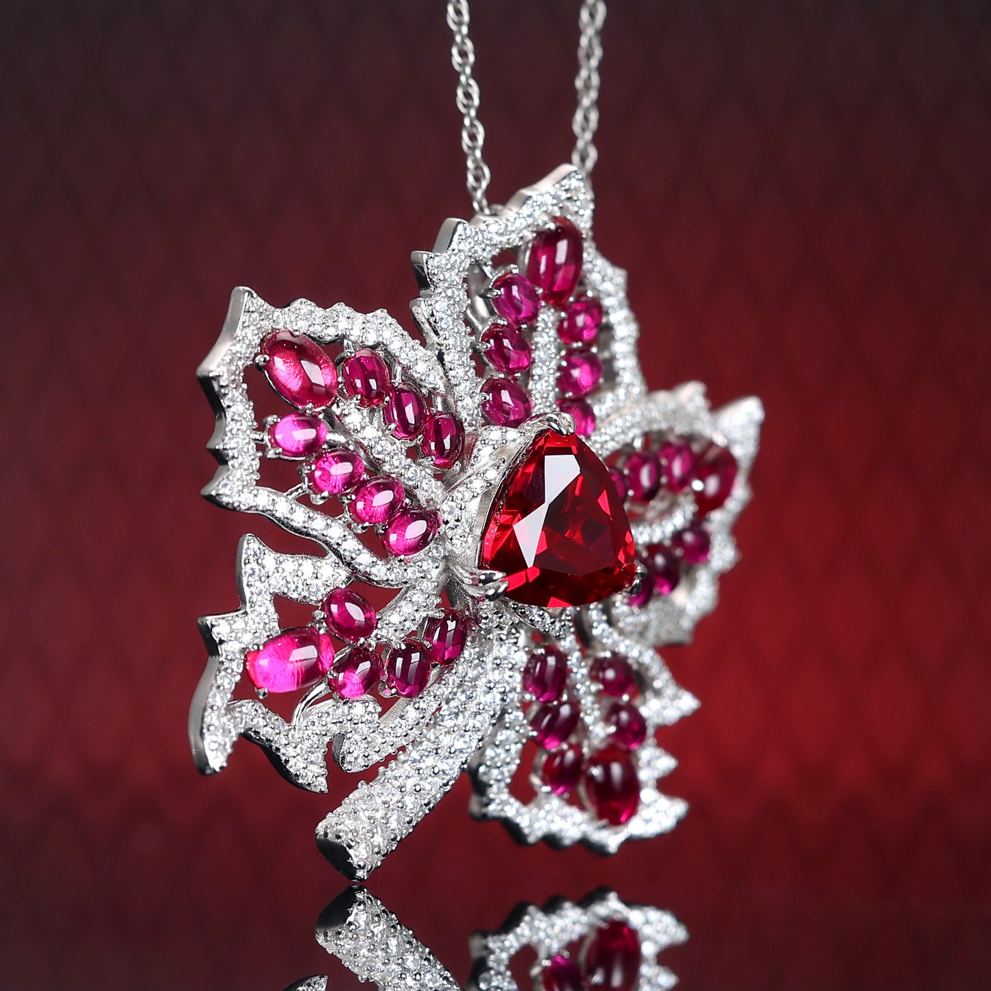 Promotional design Micro-setting Ruby color Lab created stones multi-purpose red Maple leaf pendant and brooch, sterling silver