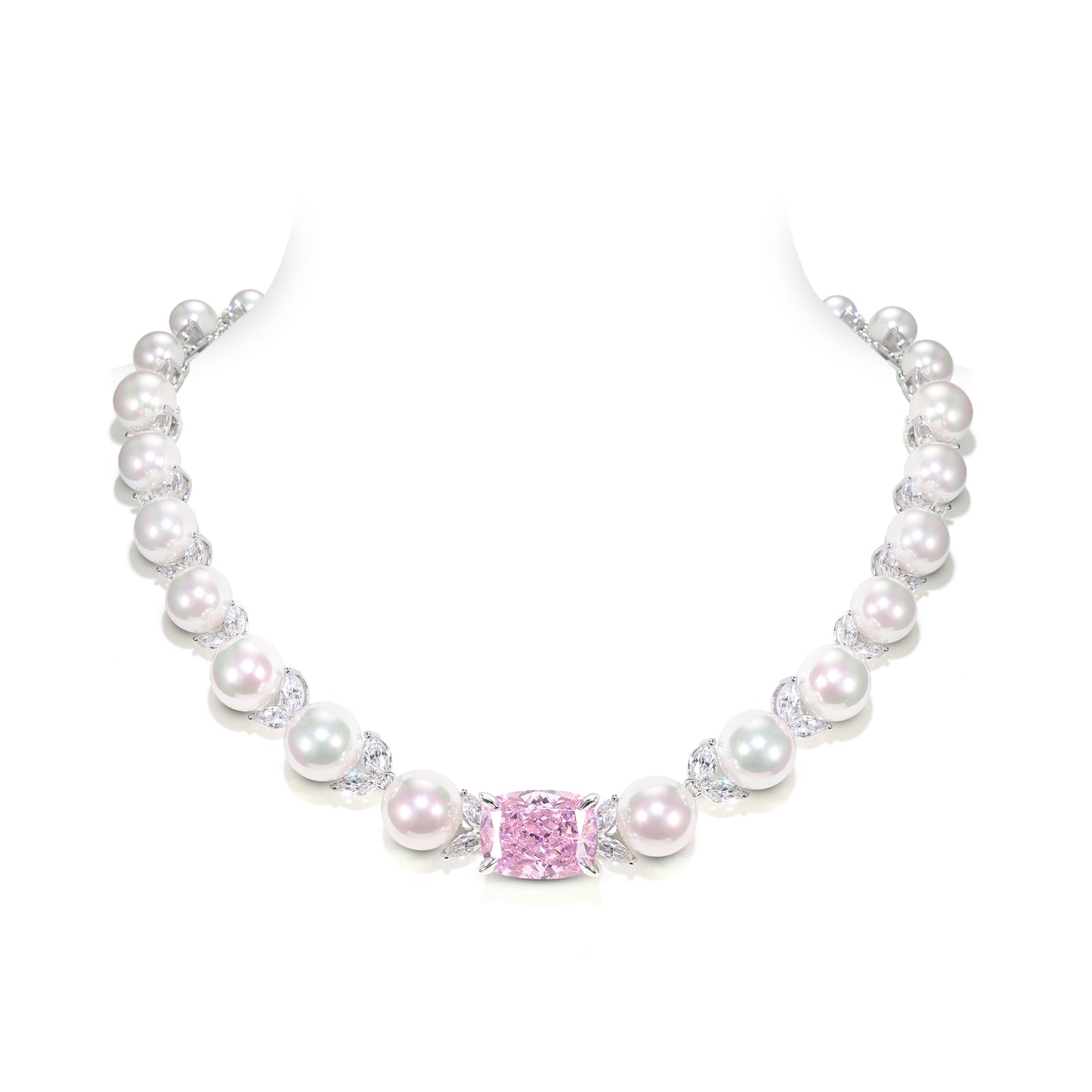 Micro-setting Pink diamond color Lab created stones Romantic Luxury White Shell Pearl necklace, sterling silver