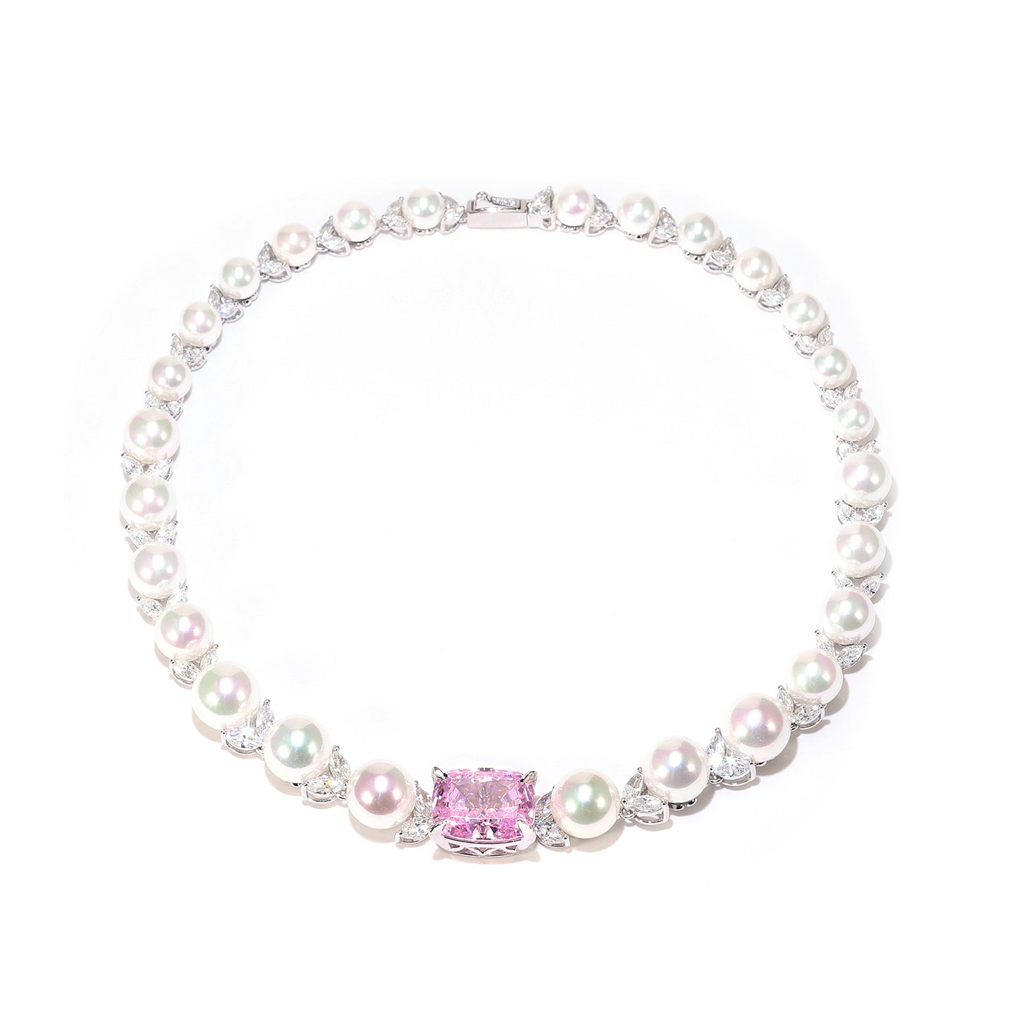 Micro-setting Pink diamond color Lab created stones Romantic Luxury White Shell Pearl necklace, sterling silver