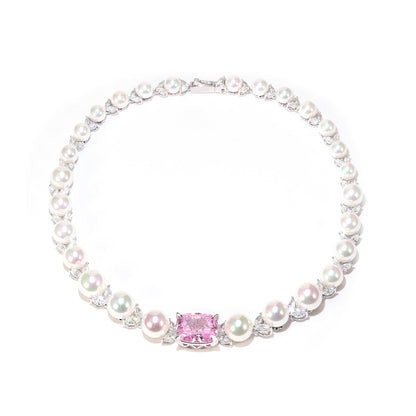Micro-setting Pink diamond color Lab created stones Romantic Luxury White Shell Pearl necklace, sterling silver
