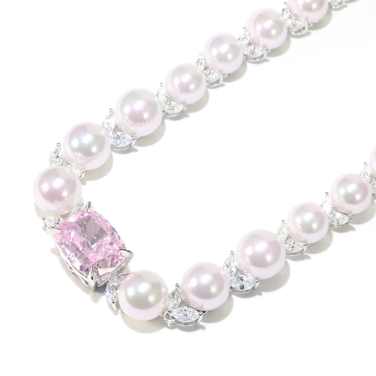 Micro-setting Pink diamond color Lab created stones Romantic Luxury White Shell Pearl necklace, sterling silver