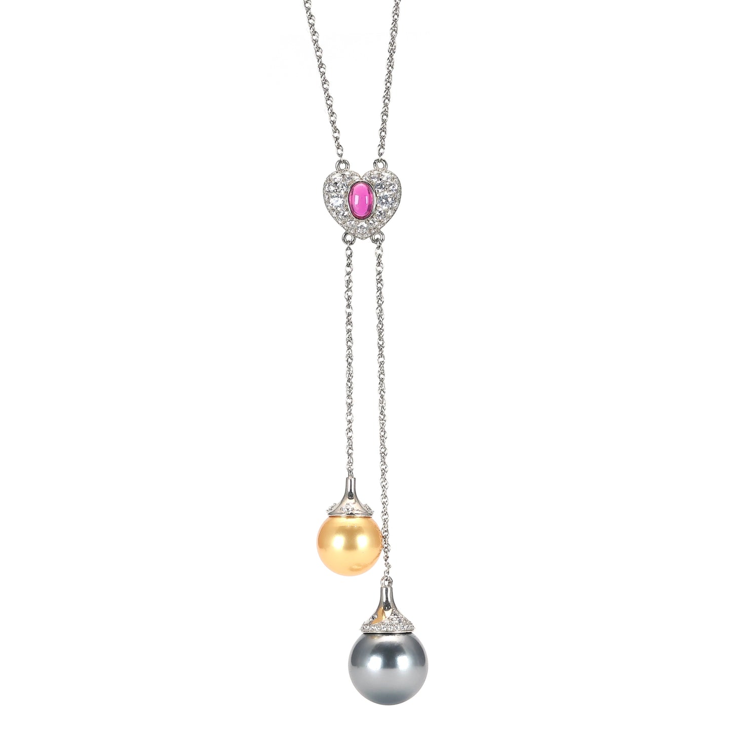 Promotion design Micro-setting Golden grey shell pearl and lab created stones detailed Y shape necklace, sterling silver.