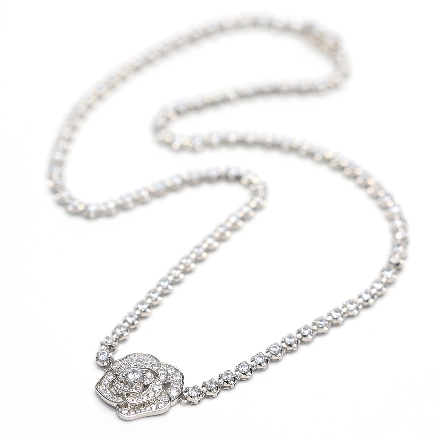 Micro-setting lab created stones Camellia Bubble chain necklace, sterling silver.