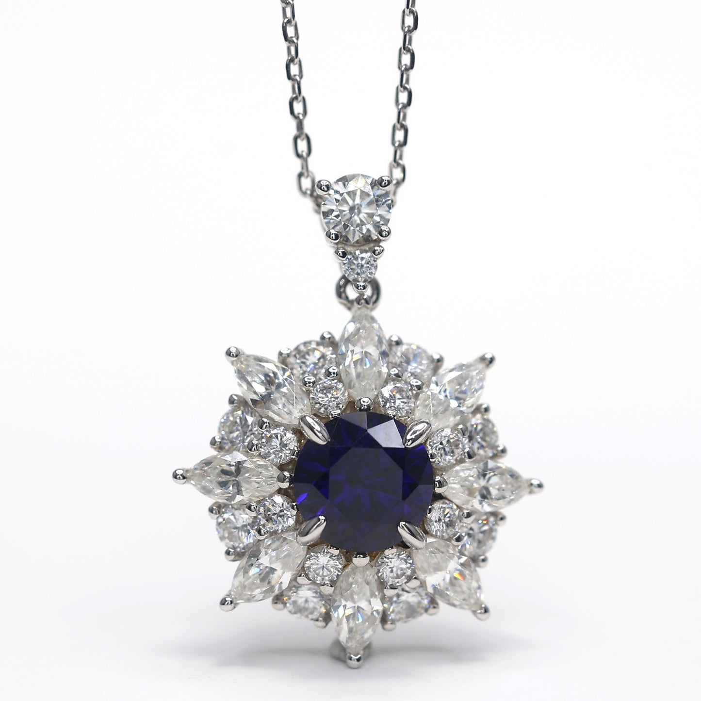 Micro-setting Sapphire color lab created stones Eight stars necklace, sterling silver.