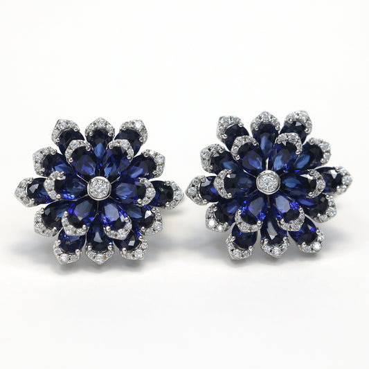 Micro-setting Sapphire color lab created stones preserved fresh flower earrings, sterling silver