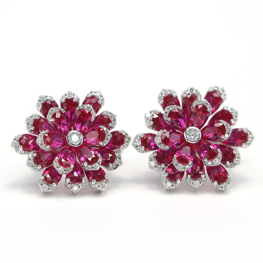 Micro-setting ruby color lab created stones preserved fresh flower earrings, sterling silver