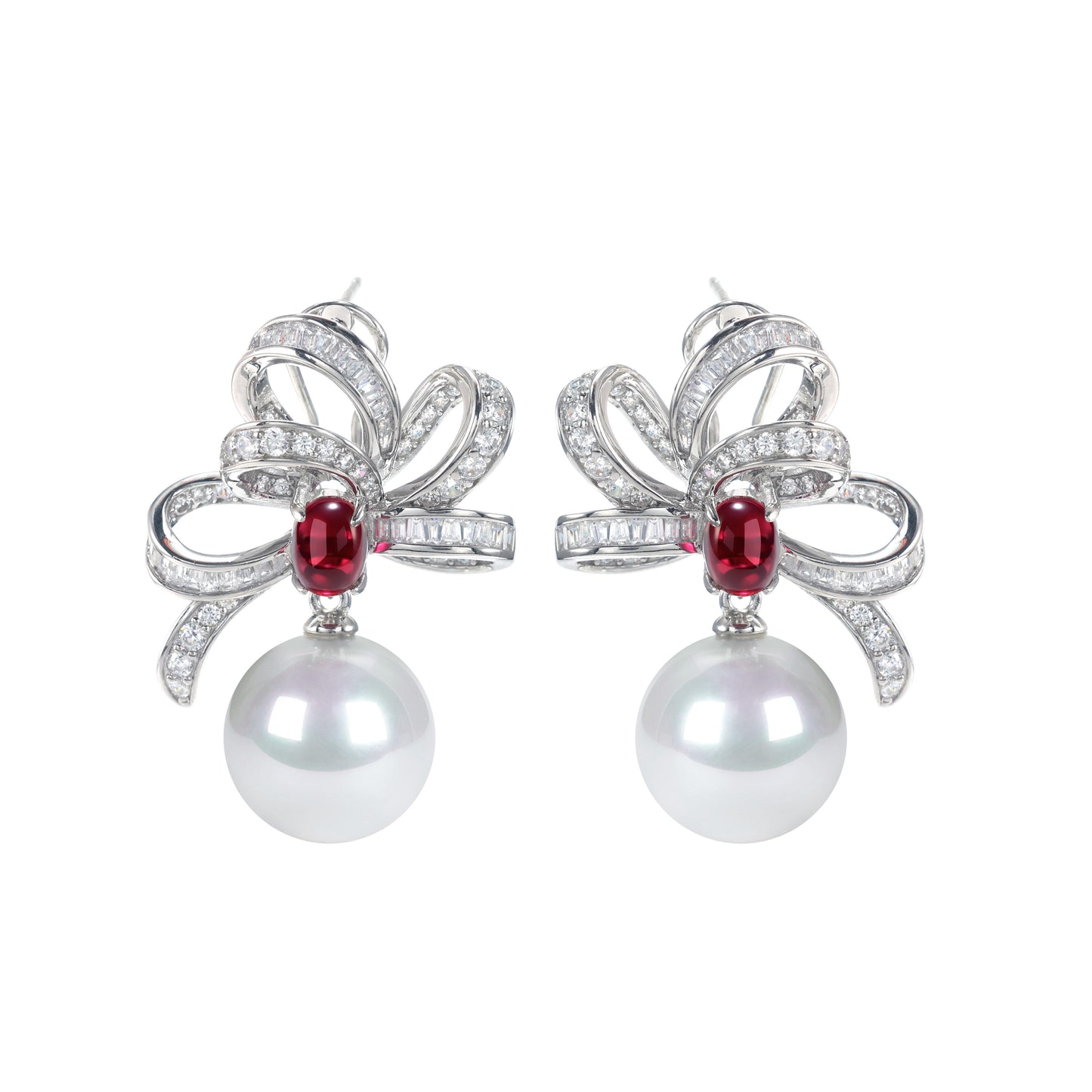 Promotional design Micro-setting Ruby color mixed cutting Lab created stones artistic White Shell Pearl earrings, sterling silver