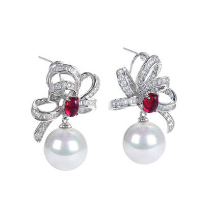 Promotional design Micro-setting Ruby color mixed cutting Lab created stones artistic White Shell Pearl earrings, sterling silver